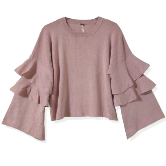 POOF! Dusty Mauve Cropped Knit Crewneck Sweater, Long Tiered Bell Sleeves, XL - Picture 1 of 14